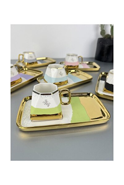 ACAR Lüx Aspen Porselen 6 Lı Sunum Tabaklı Fincan Takımı