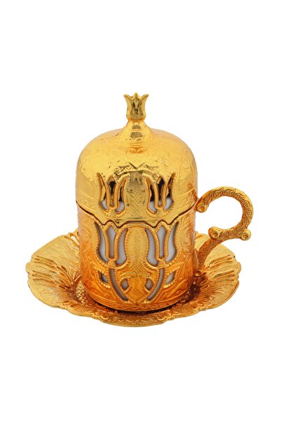 HitDukkan Lale Motifli Osmanlı Altın Renk 4 Parça Kahve Fincanı