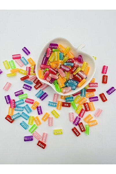 Egem aksesuar 50 Adet Renkli Şeffaf Ingilizce Kelime Yazılı Boncuk
