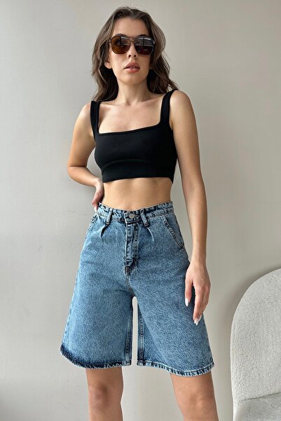 Trend Alaçatı Stili Dámské tmavě modré bermudy džínové šortky ALC-X8174 s vysokým pasem a širokými nohavicemi