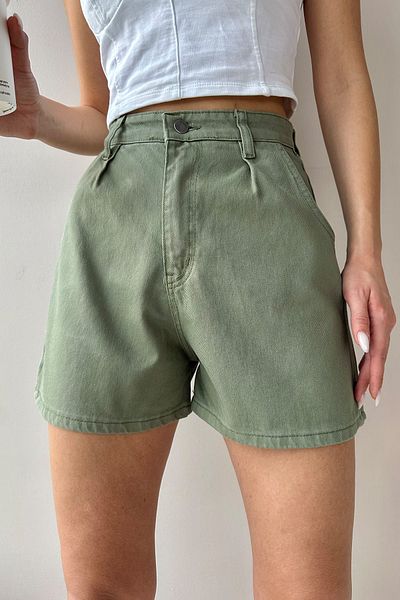 Trend Alaçatı Stili Pantaloni scurți de jeans, verzi, cu talie înaltă, plisați cu patru buzunare ALC-X9963