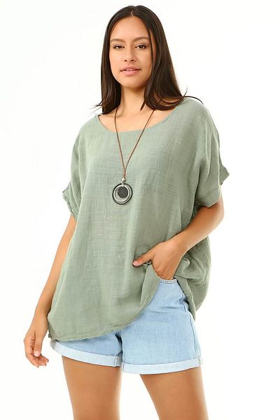 AYASOFYA OTANTIK Γυναικεία ιταλική χακί μπλούζα oversize casual με αξεσουάρ κολιέ