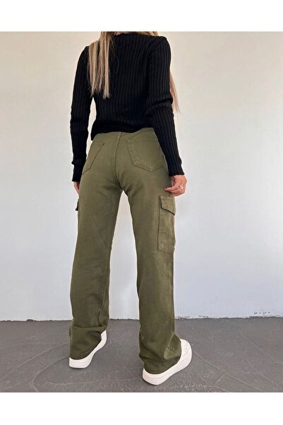 BROWSER Kadın Haki Yüksek Bel Geniş Paça Kargo Kot Pantolon Kargo Cep Jeans