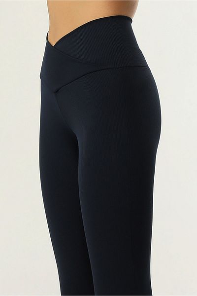 VOSSAX Black High Waist Ribbed Interlock Knitted Cross Waist Detailed Women's Tights