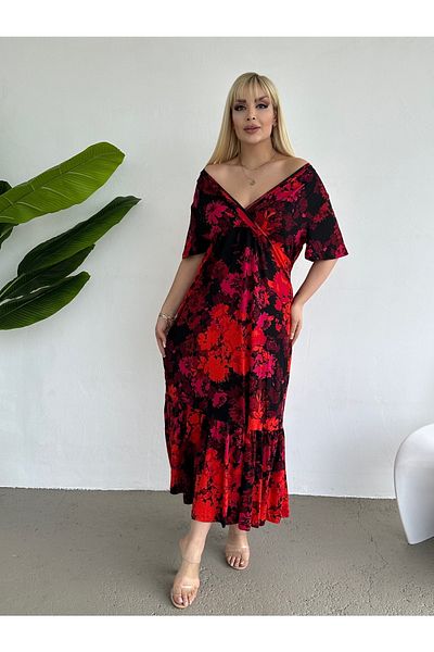 LİKRA Rochie de dama marime plus - guler dublu, fusta cu volane, vascoza elastica