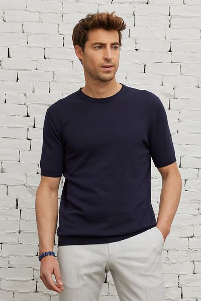 ALTINYILDIZ CLASSICS Men's Navy Blue Standard Fit Regular Cut Crew Neck 100% Cotton Knitwear T-Shirt