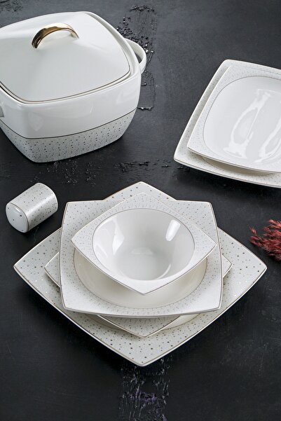 ACAR Orianna 60 Parça 12 Kişilik Bone Chine Beyaz Porselen Kare Yemek Takımı ...