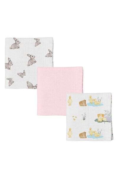 DEUX LAPINS 3-Piece Muslin Baby Blanket - 100% Cotton, Iconic Lapin & Petits Canetons, Innocent Pink 100X100