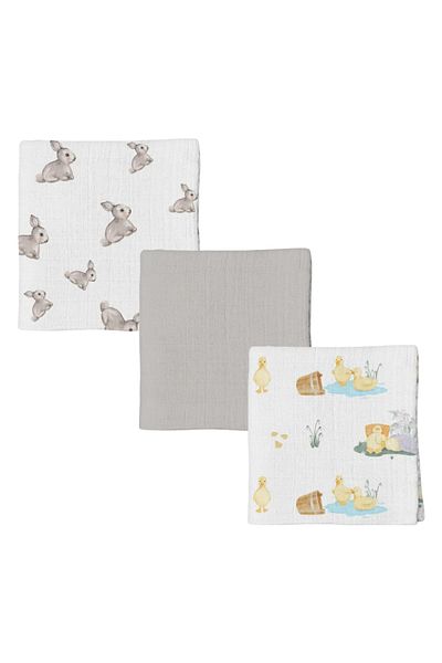 DEUX LAPINS 100% Cotton 3-Piece Muslin Baby Blanket Iconıque Lapin & Petits Canetons & Cotton Gray 100X100