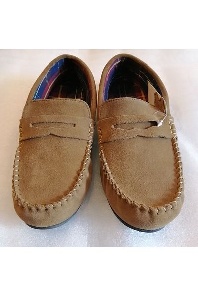 Butik Tülin Unisex Genuine Leather Suede Camel Banded Hand Stitched Very Soft Thin Flexible Stitched Rubber Sole Loafer