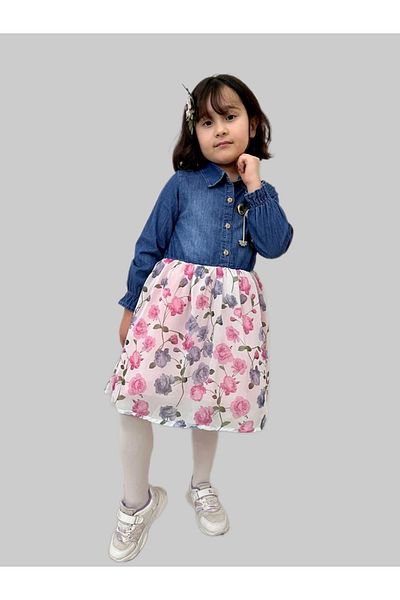 Esterella Girls Chiffon Dress/ Denim Shirt Dress/ Denim Chiffon Kids Dress