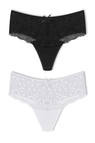 HNX 2-Piece Cotton Lace Front High Waist Large Size Thong Women's Panties
