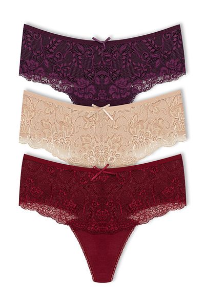 HNX 3-Piece Cotton Lace Front High Waist Large Size Thong Women's Panties