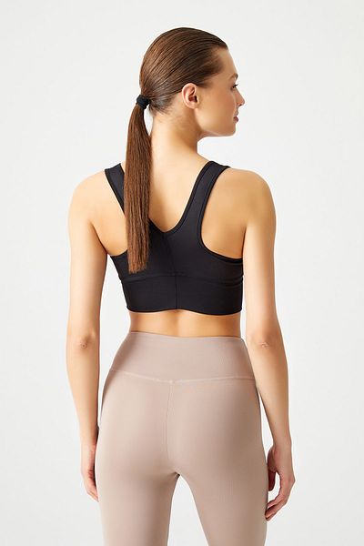 LOS OJOS Schwarzes, leicht unterstütztes, bedecktes, gerafftes Bustier-Crop-Top vorne mit tiefem U-Ausschnitt