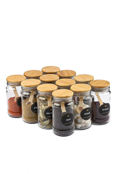 Karçiçeği Home 12-Piece Bamboo Lid 320cc Glass Spice Shaker with Spoon + Label