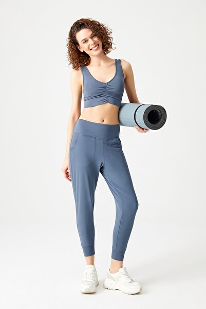 Los Ojos Antrasit Hafif Destekli Kaplı Önü Büzgülü Crop Top Büstiyer Low Scoop