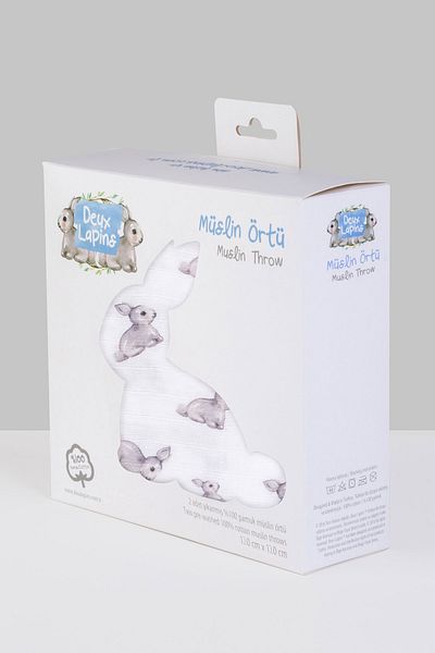 DEUX LAPINS 2-Piece Muslin Baby Blanket - 100% Cotton, Iconique Lapin and Cotton Grey 100X100