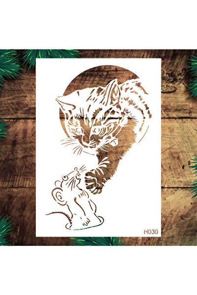 STENCİLTASARIM Stencil Tasarım H030 Kedi İle Fare Duvar Ahşap Cam Kumaş Boyam...