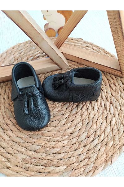 MİNİBİRİ King Model Black Color Baby Moccasin Booties Baby Shoes