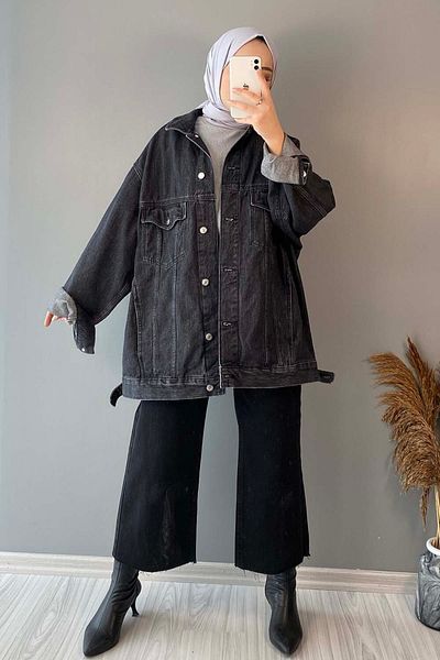 lamelif Μαύρο Oversize Τζιν Μπουφάν - Διπλή Τσέπη