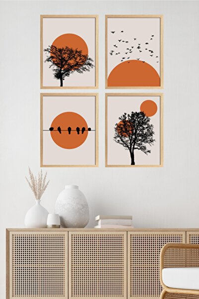 MUNİKA Ahşap Çerçeveli Abstract Landscape Orange 4'lü Tablo Seti