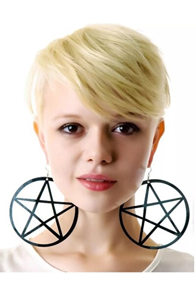 Market66 Dev Pentagram Yıldız Büyük Hafif Küpe Cosplay El Yapımı Kancalı Siyah Akrilik 10cm Takı