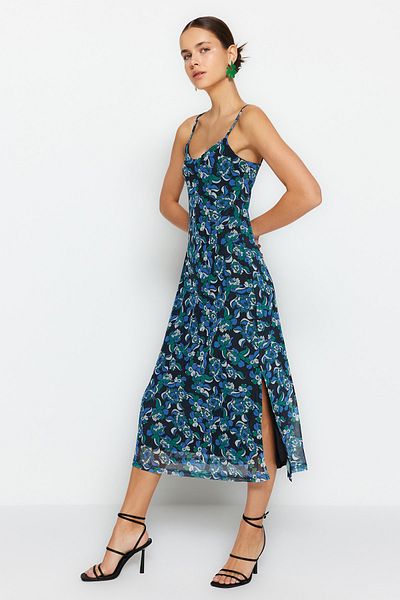 Trendyol Collection Rochie midi albastră cu model floral, căptușită, cu bretele din tul, TWOSS23EL01453