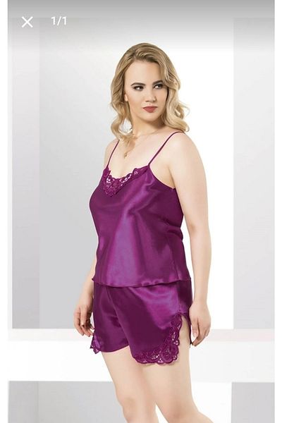 PRIMODA Women's Purple Rope Strap Lace Detailed Large Size Satin Fancy Nightdress with Shorts