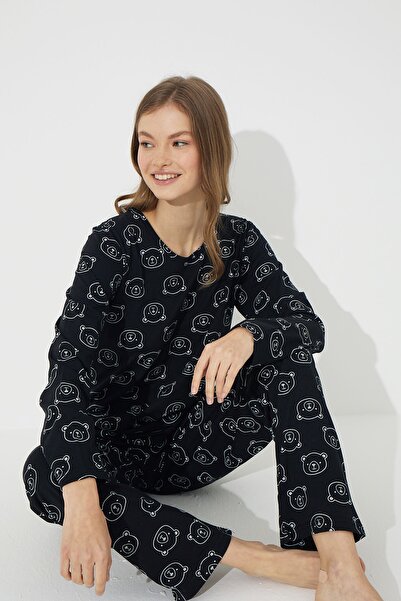 Siyah İnci Siyah Ayıcık Desenli Pamuklu Pijama Takımı