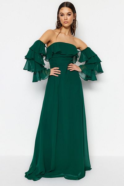 Trendyol Collection Σμαραγδένια Πράσινη Μέση Άνοιγμα/Φόδρα για σκέιτερ Μακρύ βραδινό φόρεμα σιφόν TPRSS23AE00084