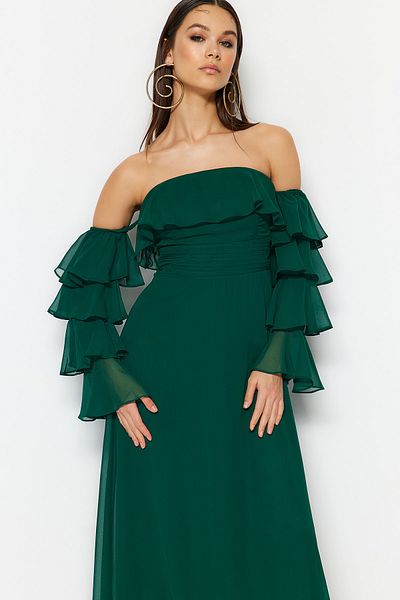 Trendyol Collection Σμαραγδένια Πράσινη Μέση Άνοιγμα/Φόδρα για σκέιτερ Μακρύ βραδινό φόρεμα σιφόν TPRSS23AE00084