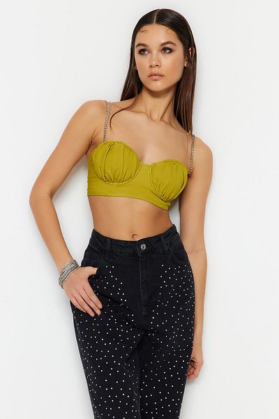 Trendyol Collection Hellgrünes, bauchfreies, gefüttertes, gewebtes Bustier mit glänzendem Stein TPRSS23BS00047