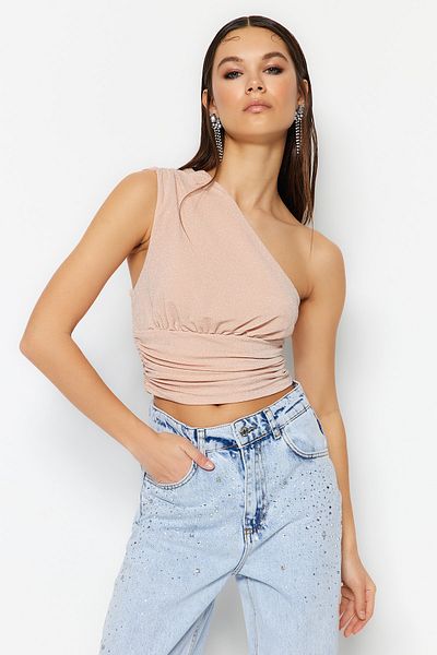 Trendyol Collection Glitzerndes, hellbeiges Strick-Crop-Bustier - TPRSS23BS00011