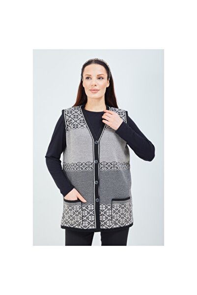 Fresh&Moda Kadın Siyah Beyaz Desenli Triko Düğmeli Cepli Kışlık Anne Yeleği