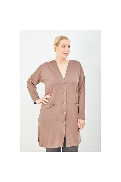 Fresh&Moda Cardigan de damă din bumbac pieptănat lung, cu nasturi, cu buzunare