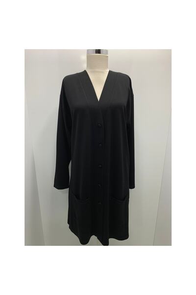 Fresh&Moda سترة نسائية سوداء طويلة بجيب من القطن الممشط بأزرار