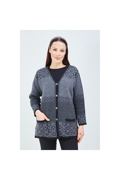 Fresh&Moda Women's Black Gray Patterned Knitwear Buttoned Pocket Winter Mother Cardigan