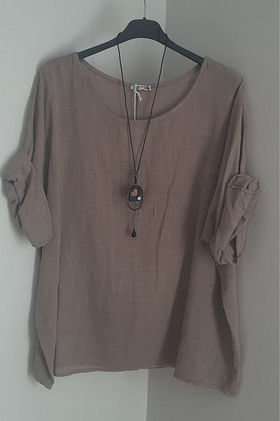 AYASOFYA OTANTIK Γυναικεία ιταλική μπλούζα βιζόν Oversize Casual με αξεσουάρ κολιέ