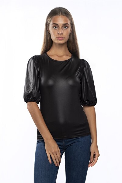 Miss Murem Watermelon Sleeve Leather Blouse-black