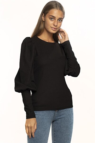 Miss Murem Balloon Sleeve Wrap Blouse-black
