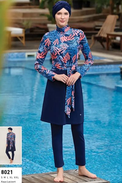 MARESİVA Women's Long Sleeve Lycra Fully Covered Hijab Swimsuit 8021 Dark Navy Blue