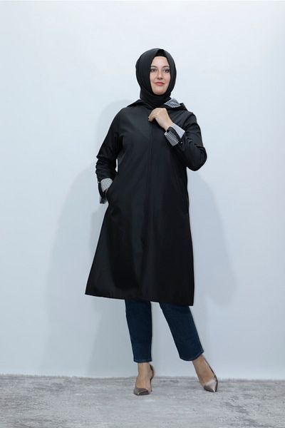 Zey&Ka Butik Plus Size Printed Hooded Raincoat Trench Wear Go Out Cap