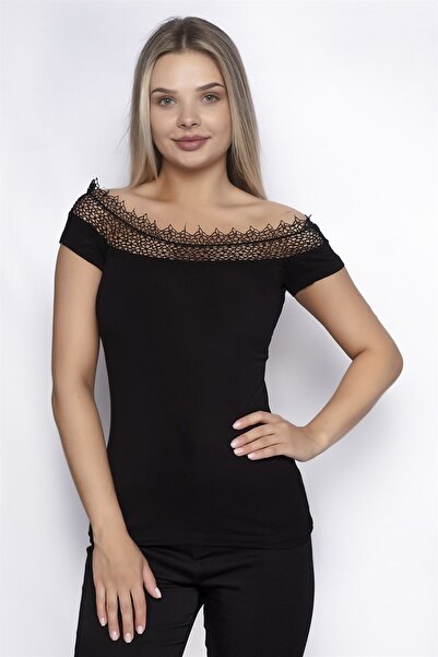 Miss Murem Kayık Yaka Dantelli Bluz-siyah