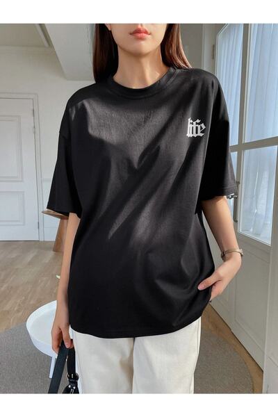 Benisengiydir Women's Black Life Attıtucle Printed Oversize Crew Neck Tshirt