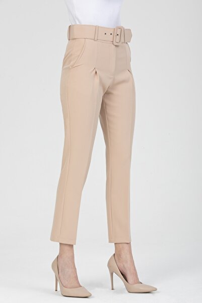MD trend Women's Beige Pocket Carrot Cut Belted Fabric Trousers