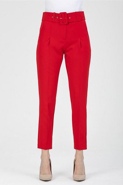 MD trend Women's Red Pocket Carrot Cut Belted Fabric Trousers