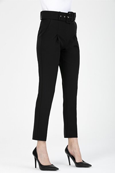 MD trend Women's Black Pocket Carrot Cut Belted Fabric Trousers