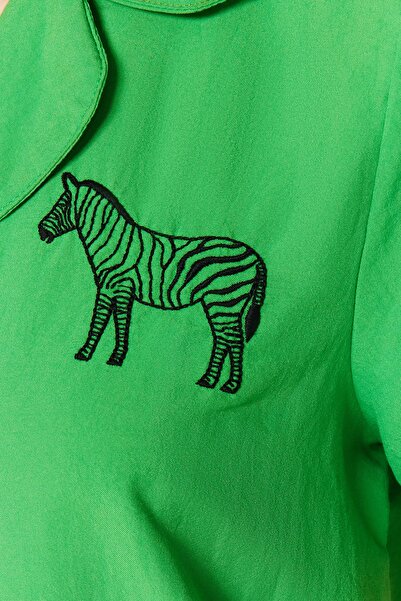 Trendyol Collection Green Zebra Embroidery Woven Pajama Set with Shorts Thmss23Pt00079