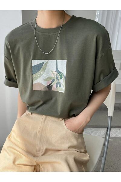Benisengiydir Women's Khaki Floral Printed Oversize Crew Neck Tshirt