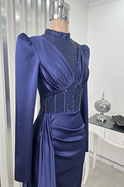 Rana Zenn Lacivert Kuyruklu Drapeli Boncuk Detaylı Güler Abiye